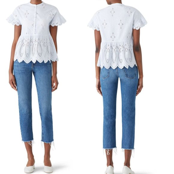 Joie Cerelia Striped Broderie Anglaise Trimmed Cotton Top Peplum Blue - Picture 4 of 9